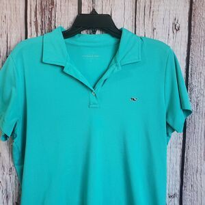 Vineyard Vines Large Logo Polo Shirt Teal Blue Mens Stretch Polyester Soft
